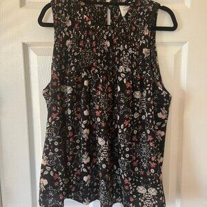 Knox Rose, Womens Dressy Smocked Flowy Tank Top, Black Floral, Large
